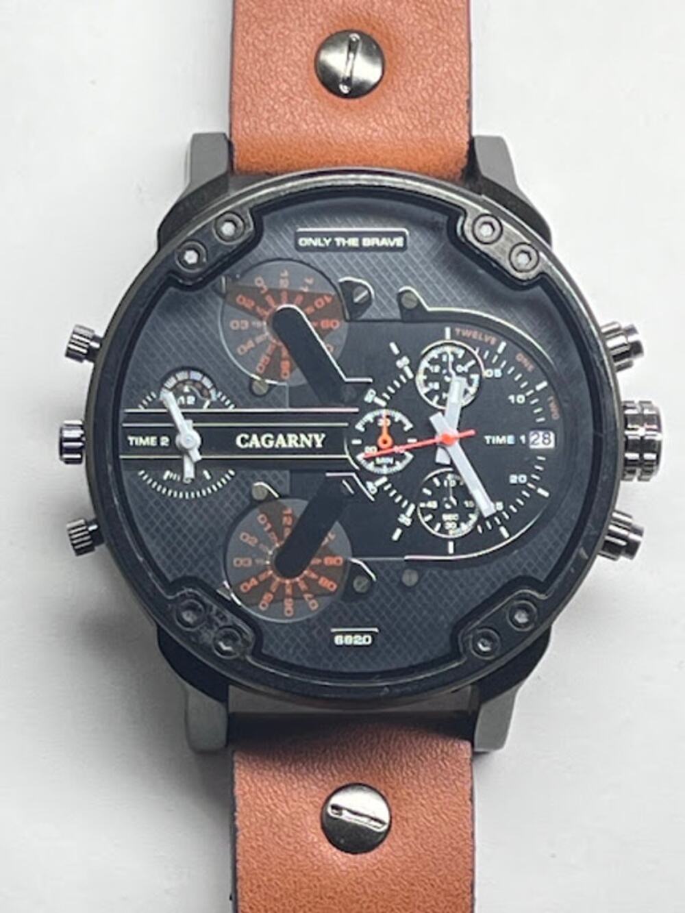 Cagarny Double Time Watch Quartz 6820 Tan Leather Band Water Res Military 52mm